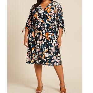 ELOQUII Abstract Floral Midi Dress Surplice V-neck Fit & Flare Tie Sleeve 14